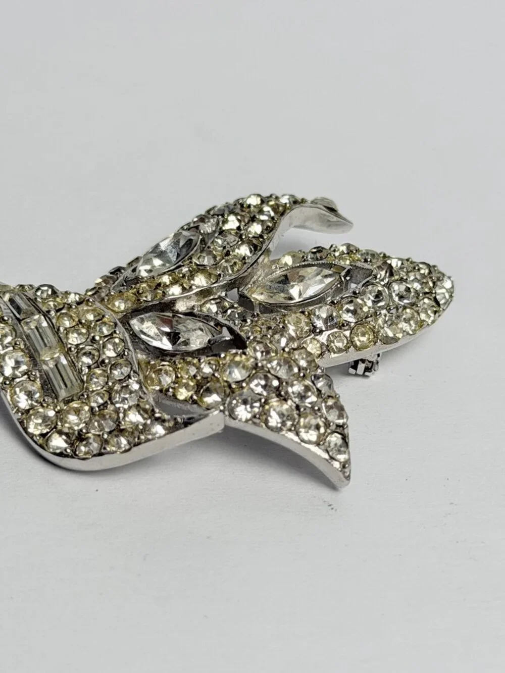 Vintage PELL Rhinestone Floral Spray Brooch 3in Silver Tone Baguette Marquise